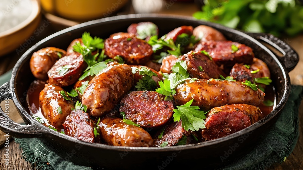 Delicious sausages with fresh parsley served in a rustic cast iron pan on a wooden table Delicious sausages with fresh parsley served in a rustic cast iron pan on a wooden table