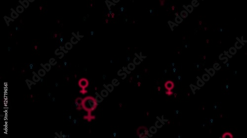 A black background with a multitude of pink and blue female symbols scattered across it, creating a vibrant and eye-catching display.