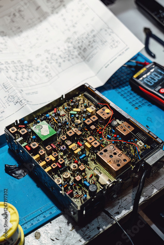 Lots of old printed circuit boards with radio components. Vintage printed circuit boards with solder tracks, retro style components and chips