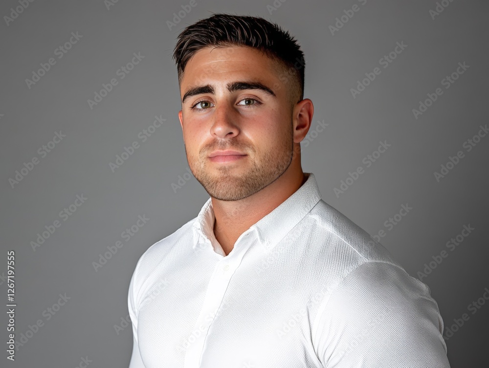 Obraz premium Confident young man in a white shirt posing against a grey studio background displaying modern masculinity self assurance and a professional demeanor