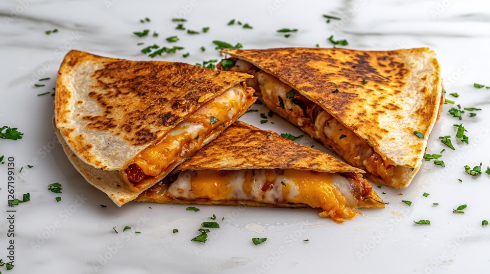 Delicious golden quesadilla slices with melted cheese and fresh parsley on marble background Delicious golden quesadilla slices with melted cheese and fresh parsley on marble background