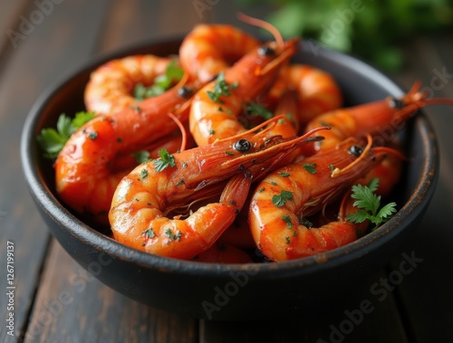 Bowl of delicious roasted prawns seasoned with herbs and spices ready to be eaten. AI generated photo realistic image