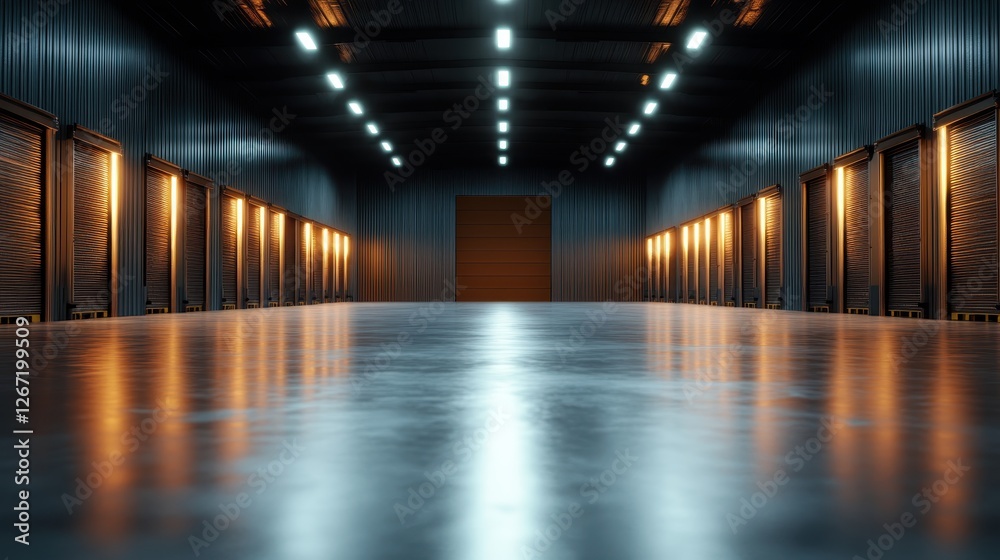 The interior of a dimly lit warehouse is juxtaposed against illuminated shutter doors, creating a mysterious corridor that invites exploration and discovery. The interior of a dimly lit warehouse is juxtaposed against illuminated shutter doors, creating a mysterious corridor that invites exploration and discovery.