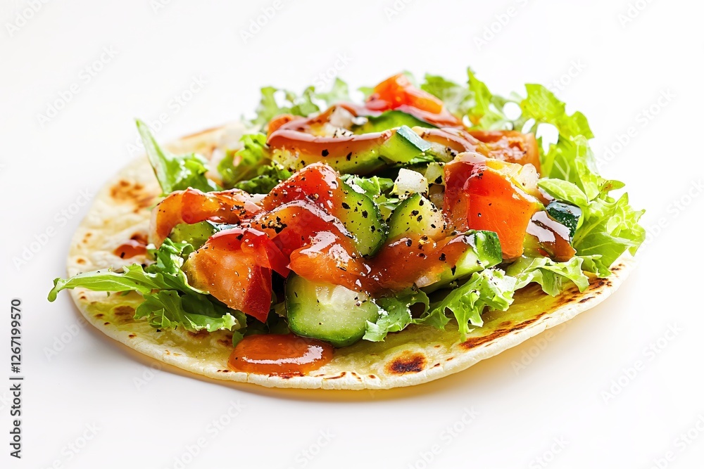 Delicious Open Faced Taco with Fresh Vegetables and Tangy Sauce on a White Background Delicious Open Faced Taco with Fresh Vegetables and Tangy Sauce on a White Background