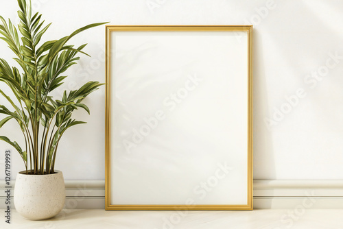 thin gold empty frame mocup on a light-colored background