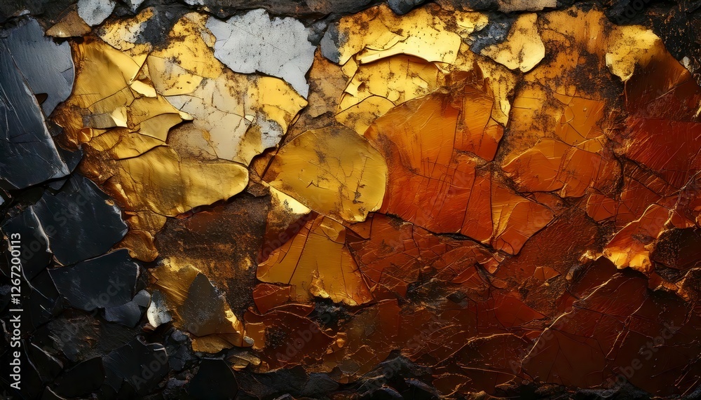 Fototapeta premium A rube gold and black grunge background with peeling layers and rough textures.