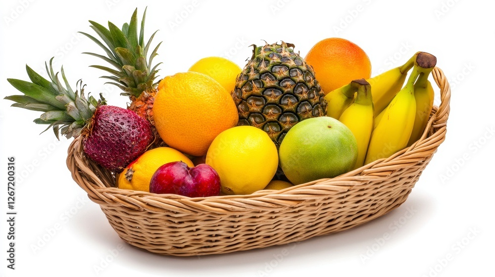 Abundance of Tropical Fruits in Straw Basket Displayed Against White Background Abundance of Tropical Fruits in Straw Basket Displayed Against White Background
