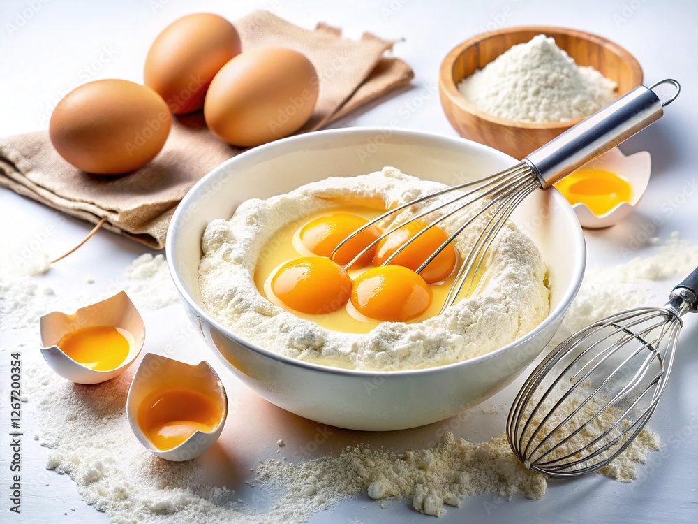 Breaking and whisking eggs and flour for a cake batter