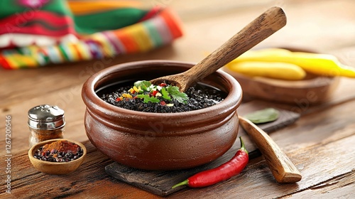 Delicious mexican huitlacoche delicacy served in a rustic bowl with colorful garnish and wooden spoon photo