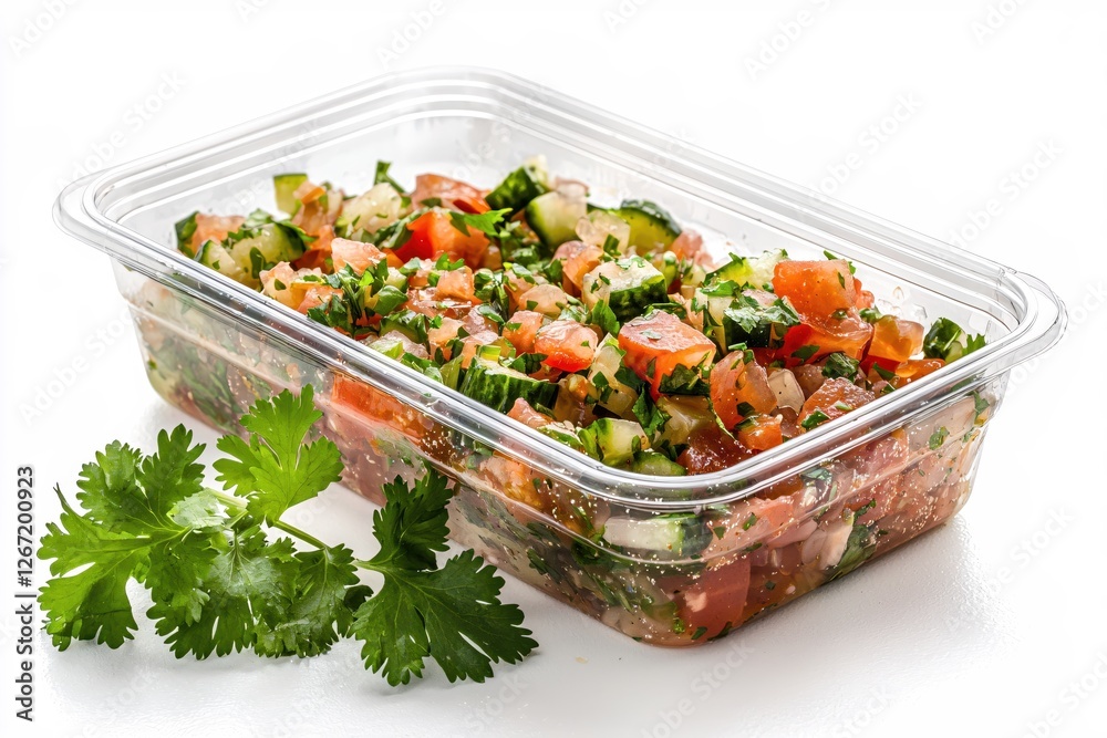 Fresh and Vibrant Tomato Cucumber Salad in Clear Container with Cilantro on White Table Fresh and Vibrant Tomato Cucumber Salad in Clear Container with Cilantro on White Table