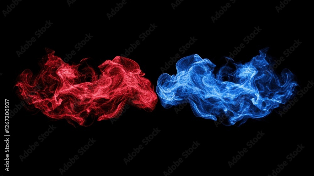 Two distinct plumes of smoke-like wisps, one red and the other blue, billow and swirl against a black background, resembling a vibrant clash of colors Two distinct plumes of smoke-like wisps, one red and the other blue, billow and swirl against a black background, resembling a vibrant clash of colors