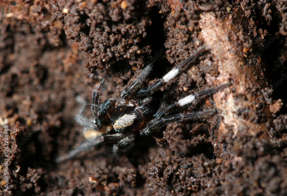 朽木の裏の土中に潜むおしゃれな白帯の脚を持つヒノマルコモリグモ(自然環境下ストロボ+マクロ接写) 朽木の裏の土中に潜むおしゃれな白帯の脚を持つヒノマルコモリグモ(自然環境下ストロボ+マクロ接写)