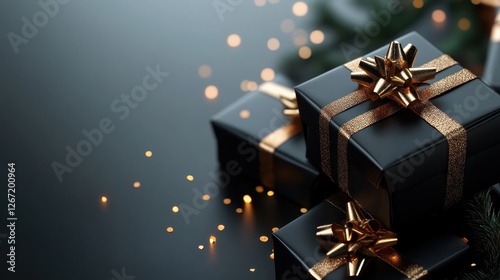 A collection of black gift boxes elegantly wrapped with shimmering gold bows, set in soft light, creating a warm, luxurious, and inviting festive atmosphere.