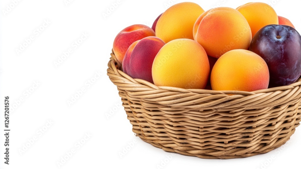 Close Up Rattan Basket Filled with Assorted Peaches Apricots and Plums on White Backdrop Close Up Rattan Basket Filled with Assorted Peaches Apricots and Plums on White Backdrop