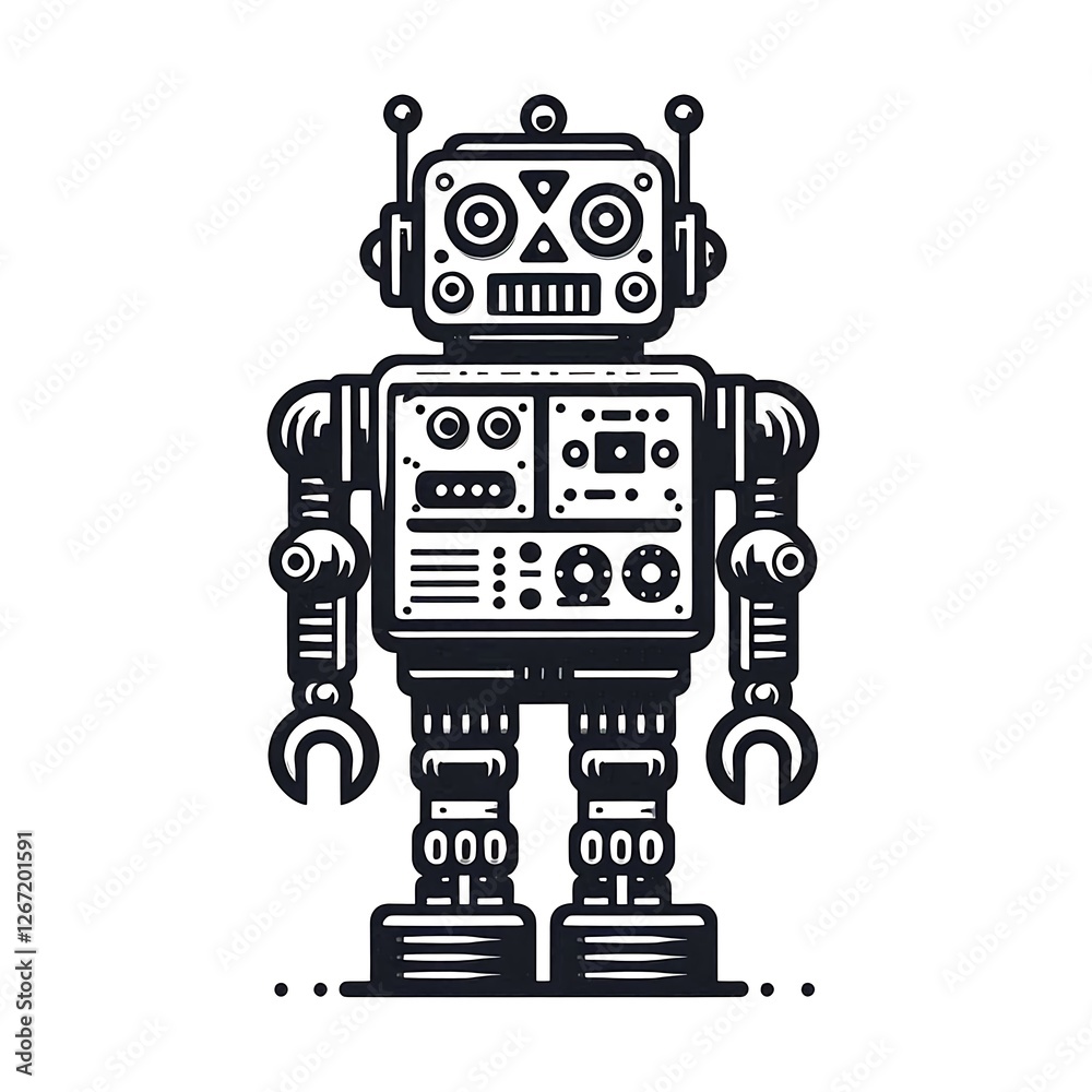 Fototapeta premium Retro Robot Illustration in Monochrome Style – Futuristic Technology Design