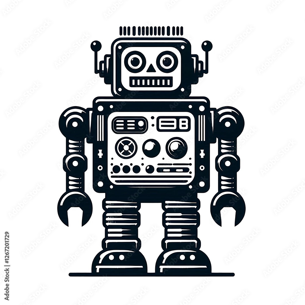 Fototapeta premium Retro Robot Illustration in Monochrome Style – Futuristic Technology Design