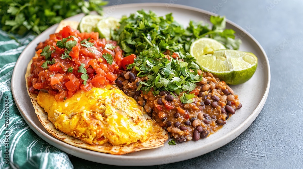 Delicious and Colorful Tostada with Egg Beans Salsa Cilantro and Lime on a White Plate Delicious and Colorful Tostada with Egg Beans Salsa Cilantro and Lime on a White Plate