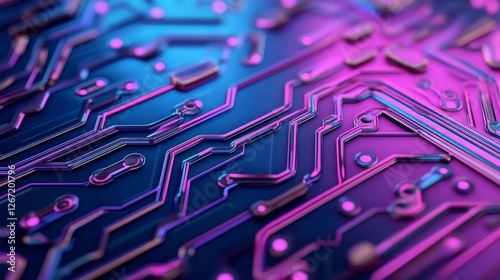 Detailed Illuminated Circuit Board with Complex Traces and Pink Accents on Dark Blue