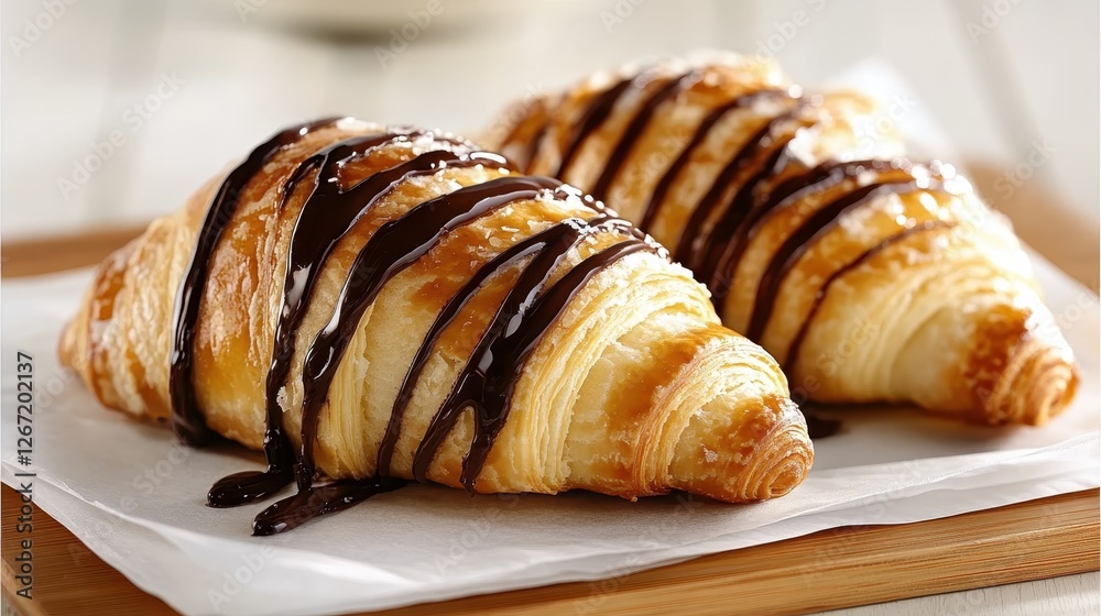 A tantalizing image of freshly baked croissants elegantly drizzled with rich chocolate, designed to evoke feelings of enjoyment and satisfaction with each bite. A tantalizing image of freshly baked croissants elegantly drizzled with rich chocolate, designed to evoke feelings of enjoyment and satisfaction with each bite.
