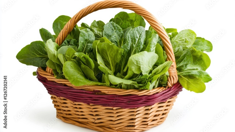 Fresh Green Vegetables Overflowing from a Woven Straw Basket on a White Background Fresh Green Vegetables Overflowing from a Woven Straw Basket on a White Background