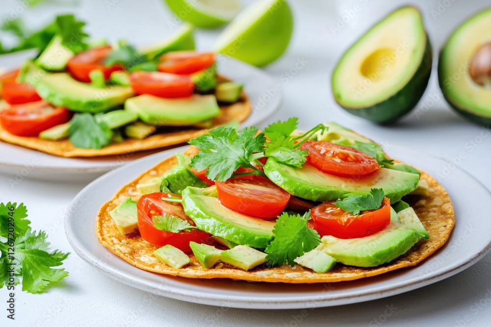 Delicious avocado tostada with fresh tomato and cilantro on a white plate vibrant colors Delicious avocado tostada with fresh tomato and cilantro on a white plate vibrant colors