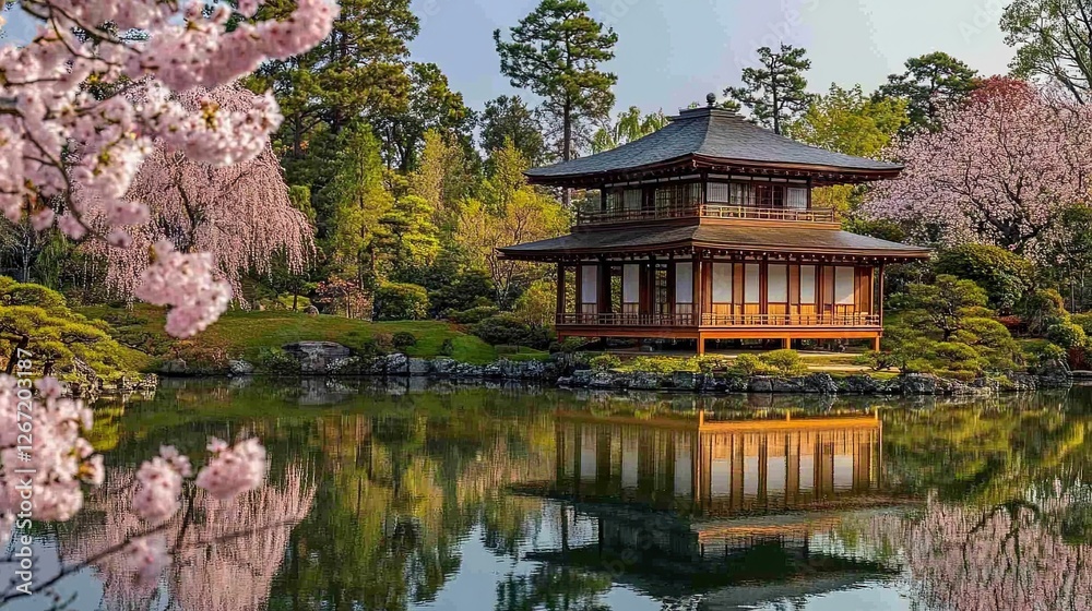 A serene Japanese garden pavilion reflects peacefully on tranquil waters during cherry blossom season. A serene Japanese garden pavilion reflects peacefully on tranquil waters during cherry blossom season.