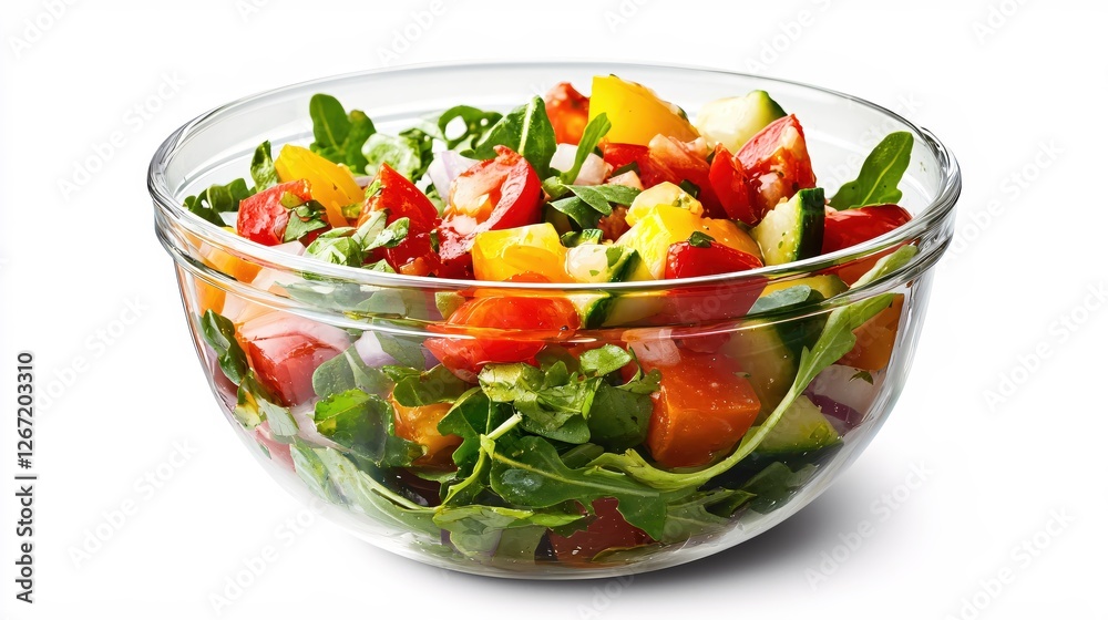 Fresh and Colorful Salad in Glass Bowl with Tomatoes Peppers Cucumbers and Arugula Fresh and Colorful Salad in Glass Bowl with Tomatoes Peppers Cucumbers and Arugula
