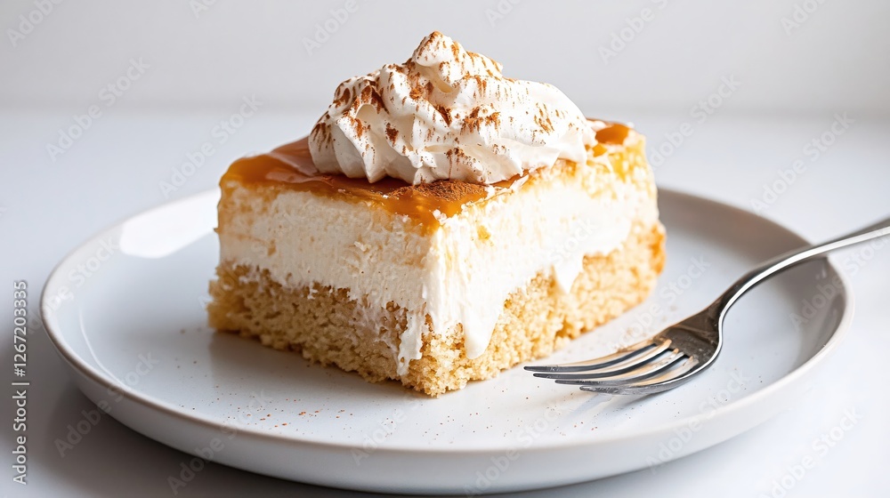 Delicious tres leches cake with caramel sauce and whipped cream on white plate fork aside Delicious tres leches cake with caramel sauce and whipped cream on white plate fork aside