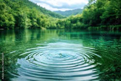 crystalclear water droplet creating ripples in a pristine lake surrounded by lush ecosystem splitscreen showing climate impact versus conservation efforts photo