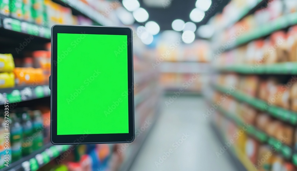 Green Screen Tablet Displays Grocery Store Aisles, Showing Retail Technology in Action Efficiently Green Screen Tablet Displays Grocery Store Aisles, Showing Retail Technology in Action Efficiently