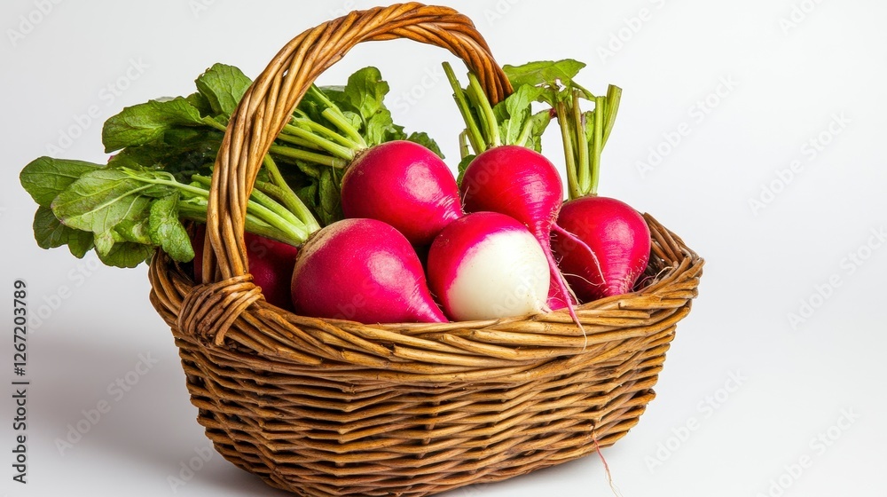 Radishes and Beets in Rustic Wicker Basket on Clean White Backdrop for Healthy Eating Radishes and Beets in Rustic Wicker Basket on Clean White Backdrop for Healthy Eating