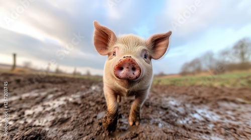 A cute piglet joyfully trots through a muddy field under a cloudy blue sky, showcasing the charm and innocence of farm life and the beauty of nature.