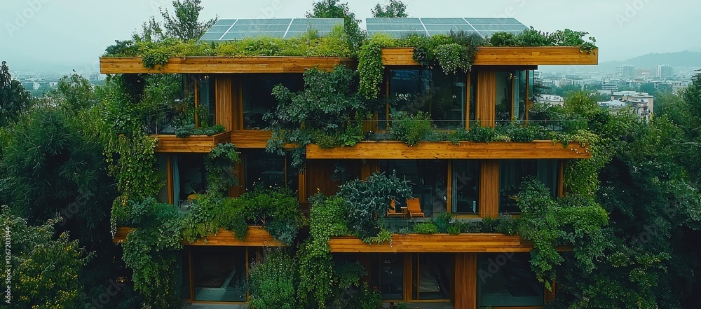 Eco-friendly, multi-story building with green roof and abundant vegetation on balconies. Eco-friendly, multi-story building with green roof and abundant vegetation on balconies.