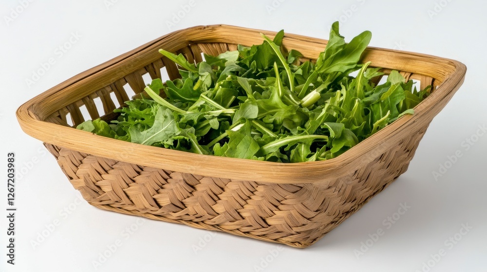 Rattan Basket Filled with Assorted Salad Greens on White Surface Clean Close Up Food Photo Rattan Basket Filled with Assorted Salad Greens on White Surface Clean Close Up Food Photo