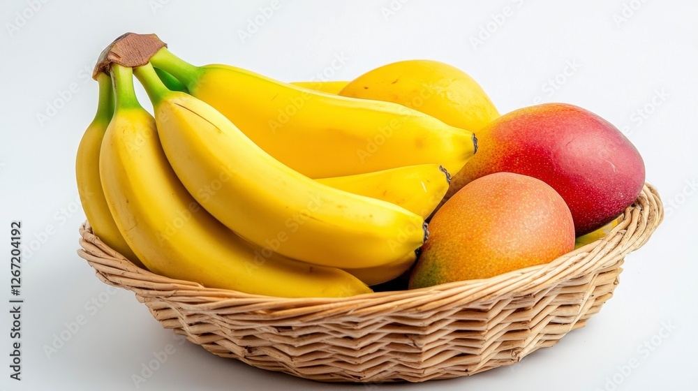 Rattan Basket Holding Ripe Bananas and Mangoes on White Seamless Background Still Life Rattan Basket Holding Ripe Bananas and Mangoes on White Seamless Background Still Life