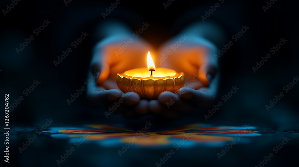 Fototapeta premium Golden hands holding a burning candle in darkness