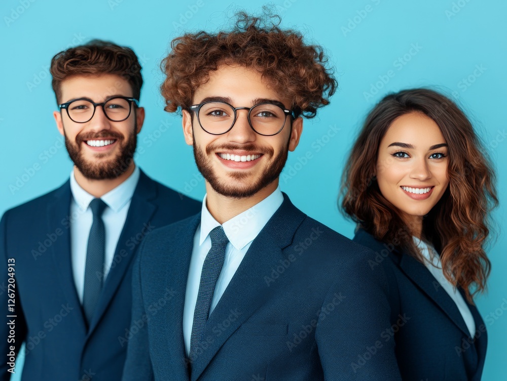 Group of diverse business professionals in stylish formal attire posing confidently against blue backdrop symbolizing teamwork corporate unity and career success Group of diverse business professionals in stylish formal attire posing confidently against blue backdrop symbolizing teamwork corporate unity and career success