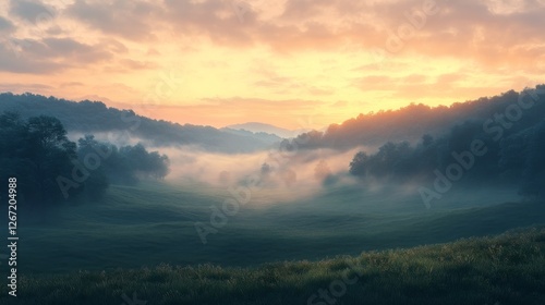 Fog blankets the valley floor at sunrise over the hills