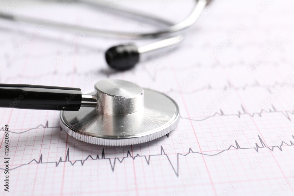 Cardiology. Stethoscope on paper with cardiogram, closeup. Space for text Cardiology. Stethoscope on paper with cardiogram, closeup. Space for text