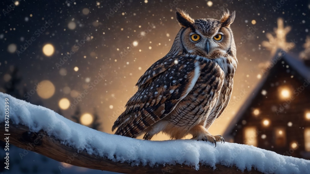 A snowy owl perched on a branch in a wintery landscape with a cozy cabin in the background. A snowy owl perched on a branch in a wintery landscape with a cozy cabin in the background.