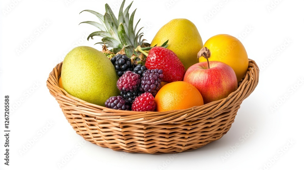 Simple Basket of Mixed Tropical Fruits on White Background Studio Shot Simple Basket of Mixed Tropical Fruits on White Background Studio Shot