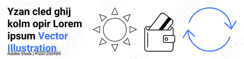 Sun icon, wallet with a credit card, and circular arrows. Ideal for finance, sustainability, travel, energy efficiency, payment solutions renewable resources and recycling. Landing page