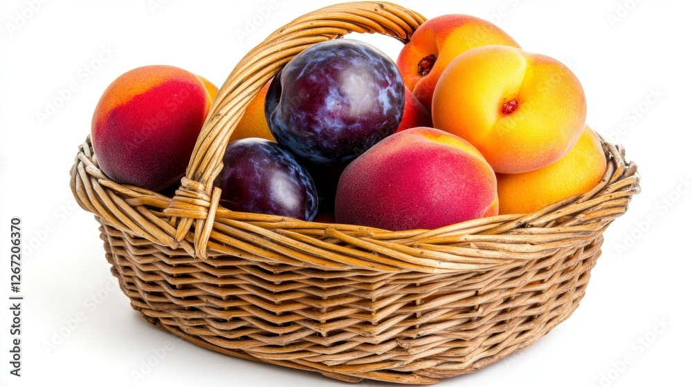 Wicker Basket Filled with Assorted Peaches and Plums on a White Background