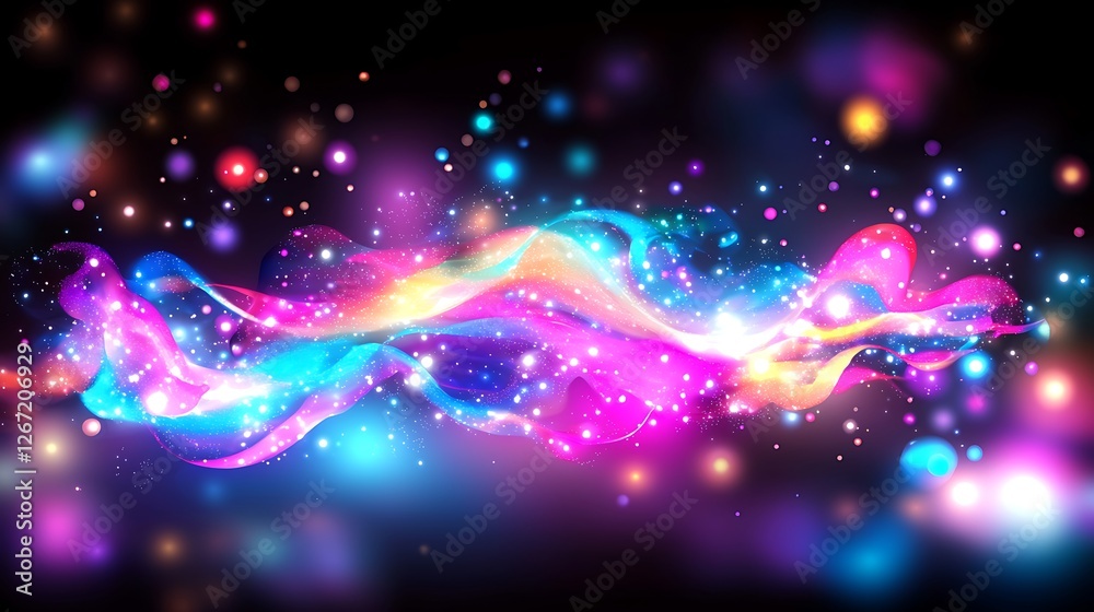 Fototapeta premium Abstract Cosmic Landscape Featuring Distant Galaxies with Swirling Neon Lights and Blurred Bokeh Effect on Dark Background
