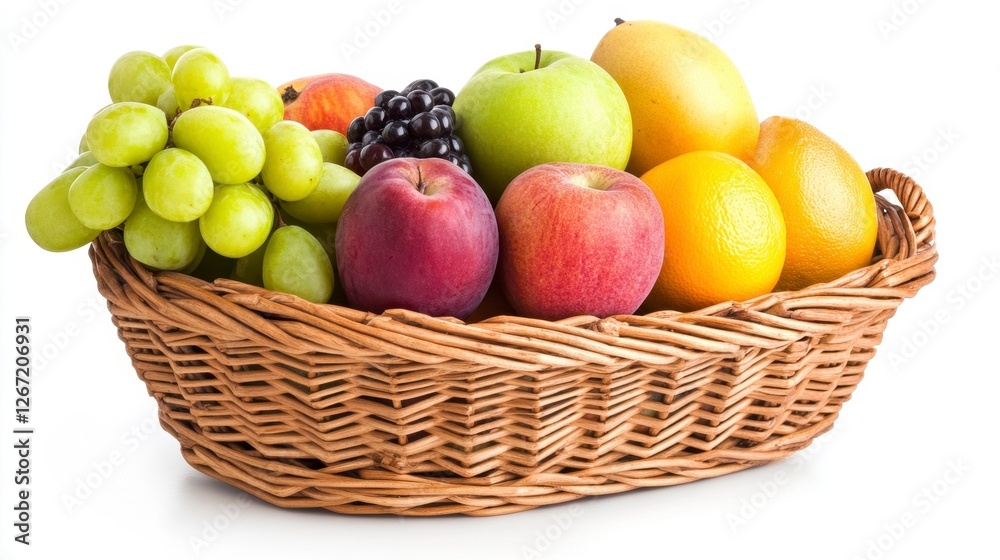 Wicker Basket Filled with Various Colorful Fruits on White Background Still Life Wicker Basket Filled with Various Colorful Fruits on White Background Still Life