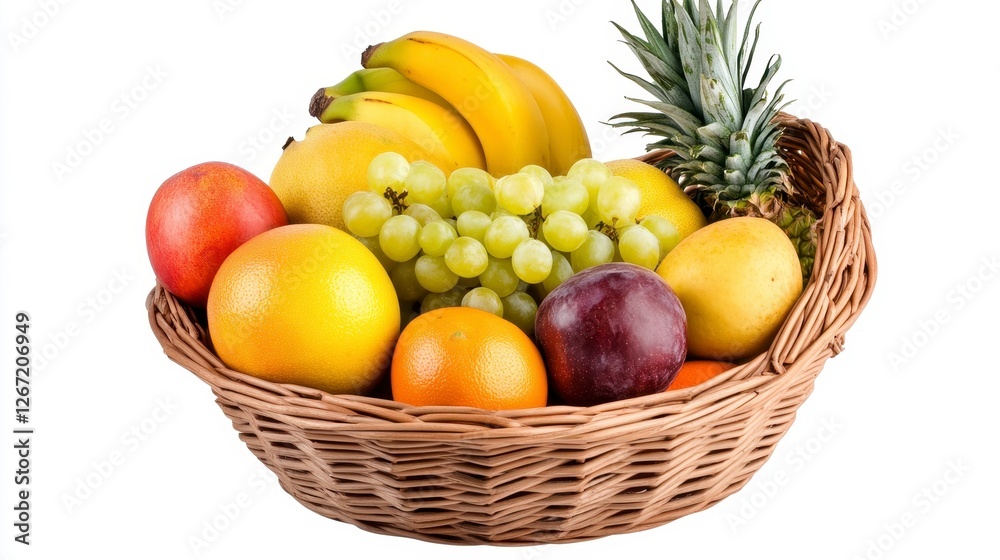 Wicker Basket Filled with Vibrant Assorted Tropical Fruits on White Background Wicker Basket Filled with Vibrant Assorted Tropical Fruits on White Background