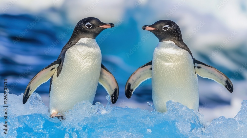 Fototapeta premium A pair of Adlie penguins standing side by side on a blue-tinged glacier, watching the waves crash below