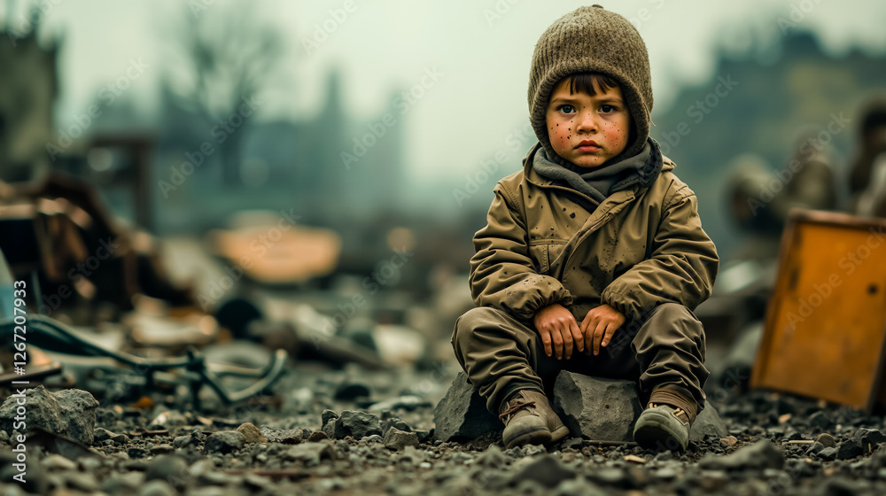 Fototapeta premium A little boy sitting on the ground in front of a burned out building