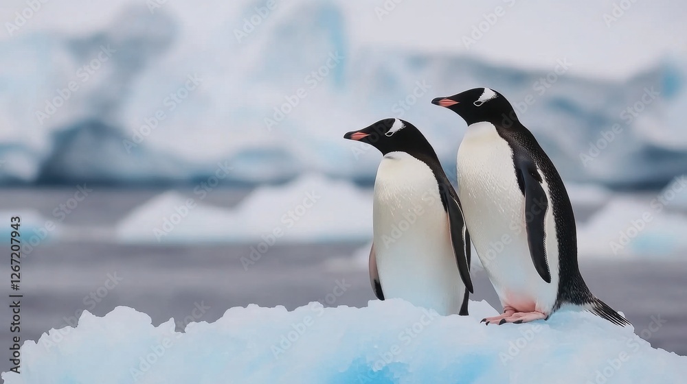 Fototapeta premium A pair of Adlie penguins standing side by side on a blue-tinged glacier, watching the waves crash below