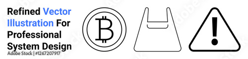 Bitcoin logo, shopping bag icon, and attention triangle symbol in clean outlines. Ideal for finance, e-commerce, safety alerts, app design, branding, infographics minimal concepts flat landing page